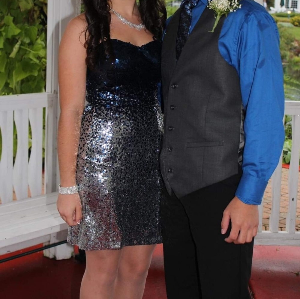 Blue & Silver Strapless Homecoming Dress